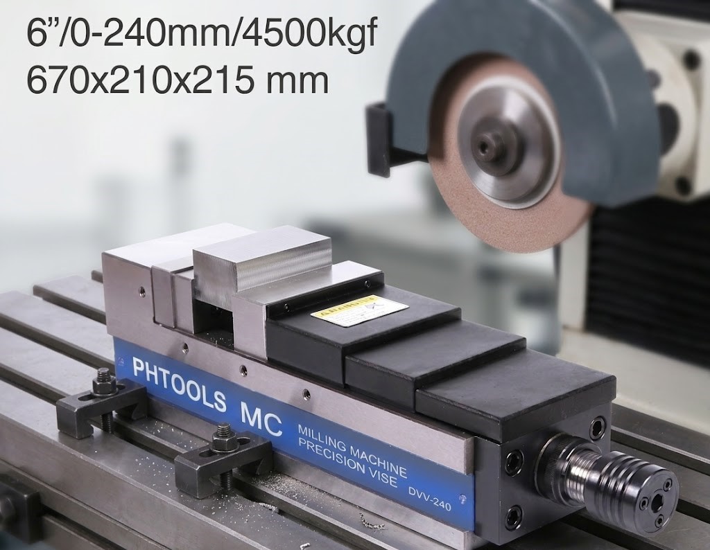 Ê tô kẹp máy phay DVV-6-240 chính xác cao, lực kẹp 4500kgf, dùng cho gia công cơ khí.