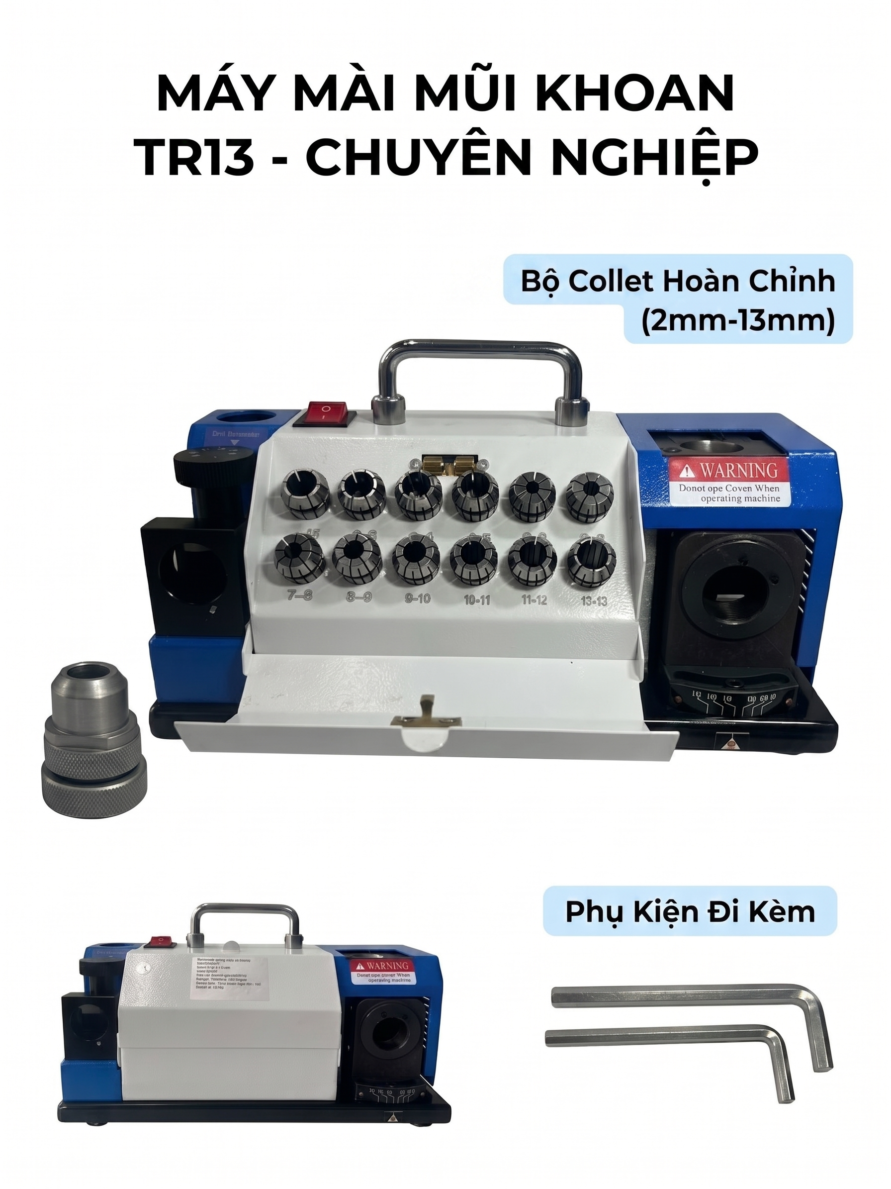Máy mài mũi khoan TR13 – mài được mũi khoan 2mm đến 13mm, bộ collet đầy đủ, phù hợp xưởng cơ khí và sửa chữa công nghiệp. Mua tại Phu Hung Tools.
