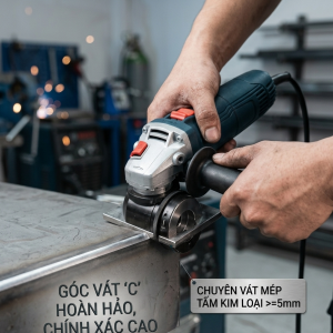 Hình ảnh thực tế máy vát mép D120 đang vận hành, vát mép kim loại chuẩn góc 45 độ, bề mặt đẹp.