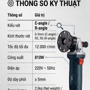 Bảng thông số kỹ thuật chi tiết của máy vát mép cầm tay D100, bao gồm công suất, điện áp và phạm vi vát.