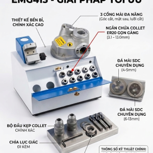 Máy mài dao phay ngón EMG413 đa năng, độ chính xác cao, phạm vi mài từ 3.1mm đến 13mm.
