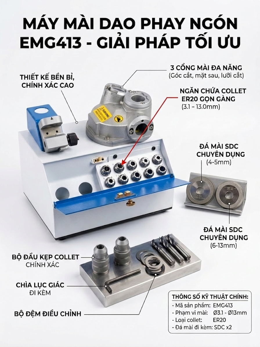 Máy mài dao phay ngón EMG413 đa năng, độ chính xác cao, phạm vi mài từ 3.1mm đến 13mm.