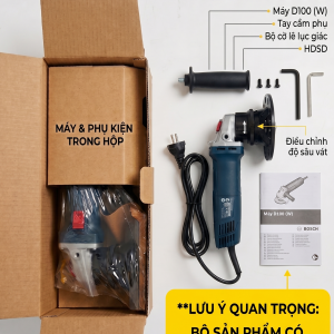 Trọn bộ sản phẩm máy vát mép D100 bao gồm thân máy, phụ kiện và hướng dẫn sử dụng trong hộp.
