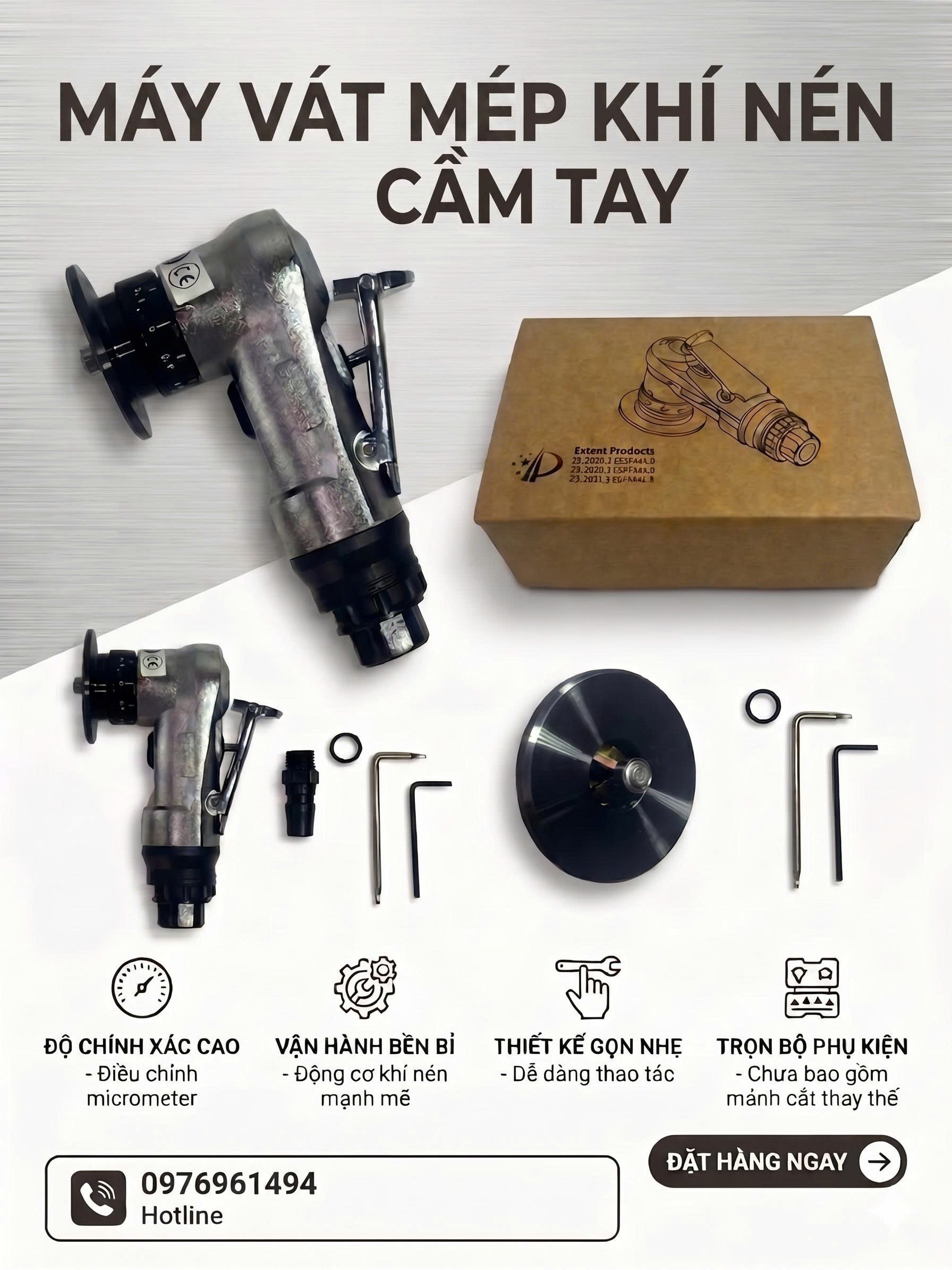 Máy vát mép khí nén cầm tay nhỏ gọn, chính xác cao, trọn bộ phụ kiện cho xưởng cơ khí.